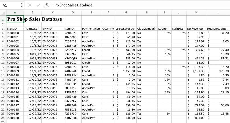 A1 x fx Pro Shop Sales Database B D E F G H K L 1