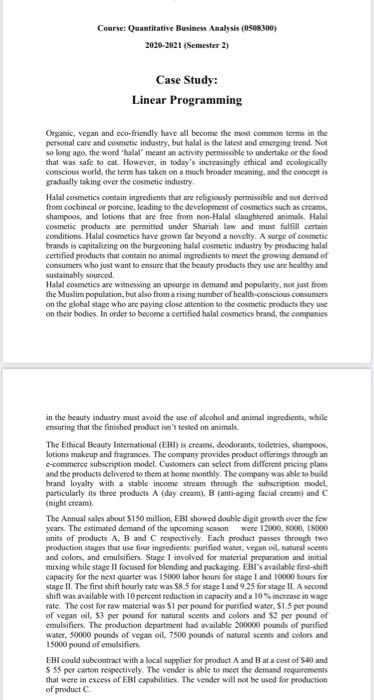 Case Study: Linear Programming Organic, vegan and