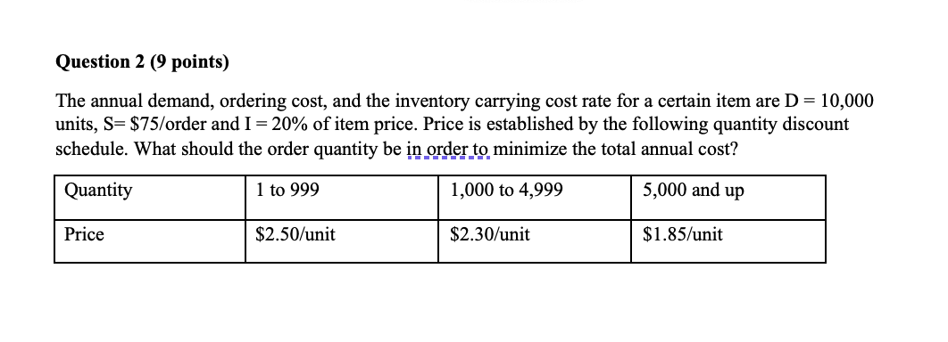 Question 2 (9 points) The annual demand, ordering