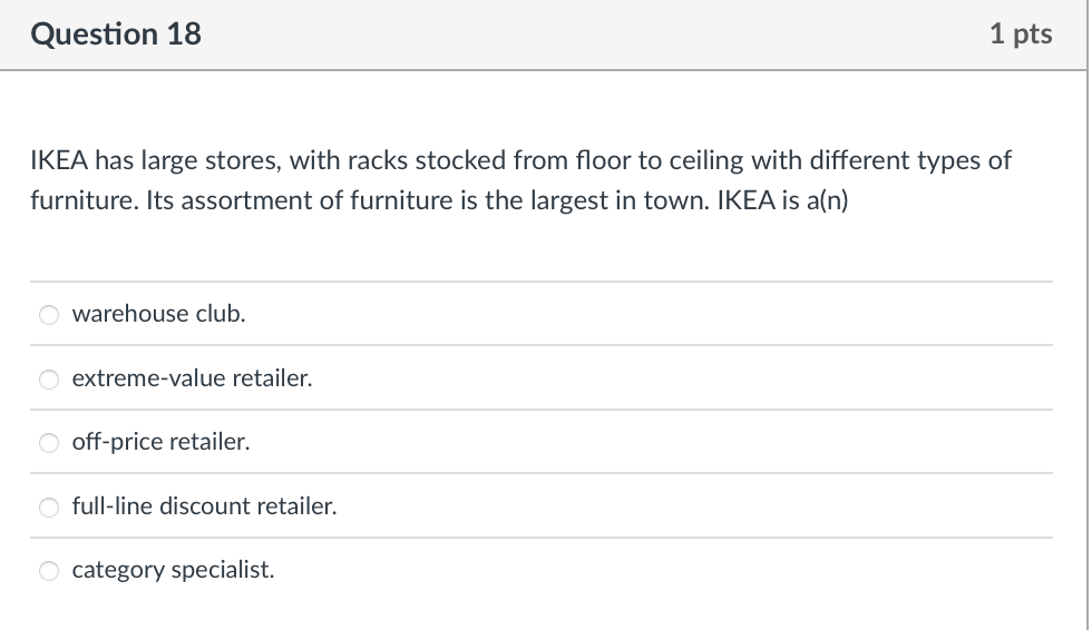 Question 18 1 pts IKEA has large stores, with