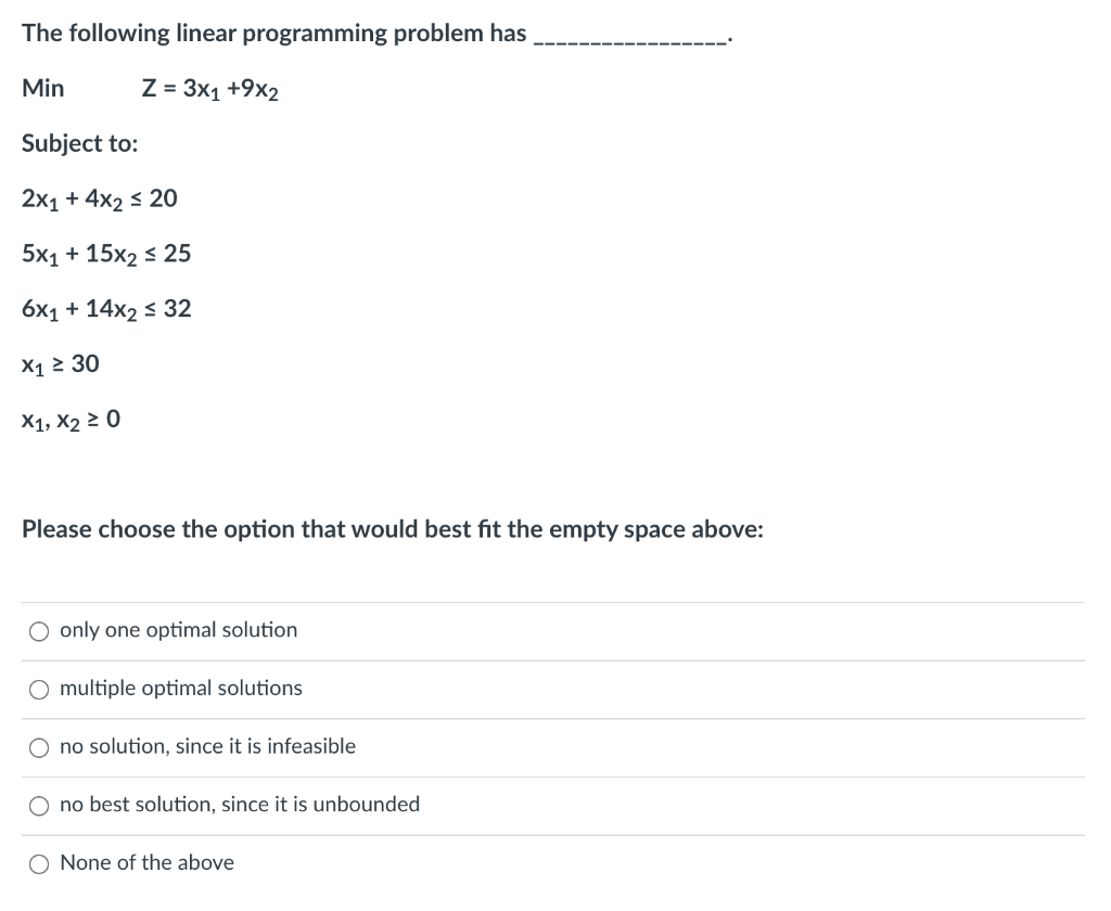 The following linear programming problem has Min
