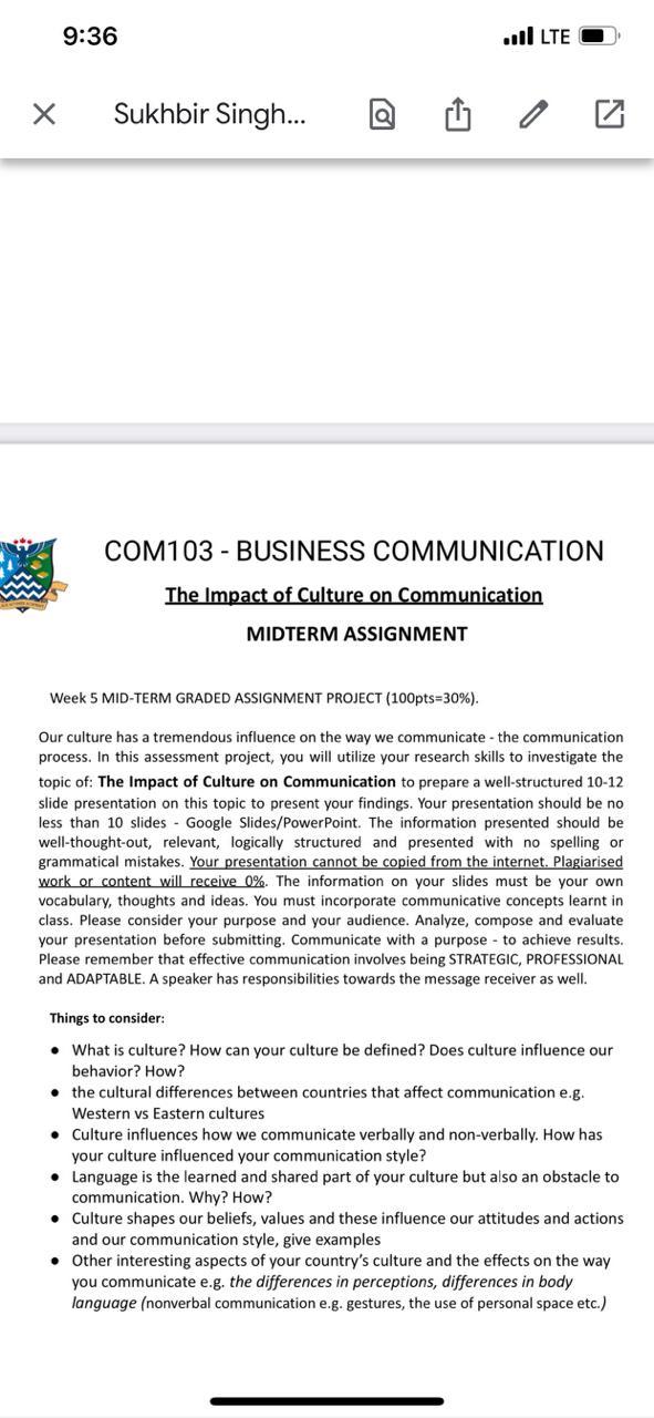 9:36 X LTE Sukhbir Singh... COM103- BUSINESS