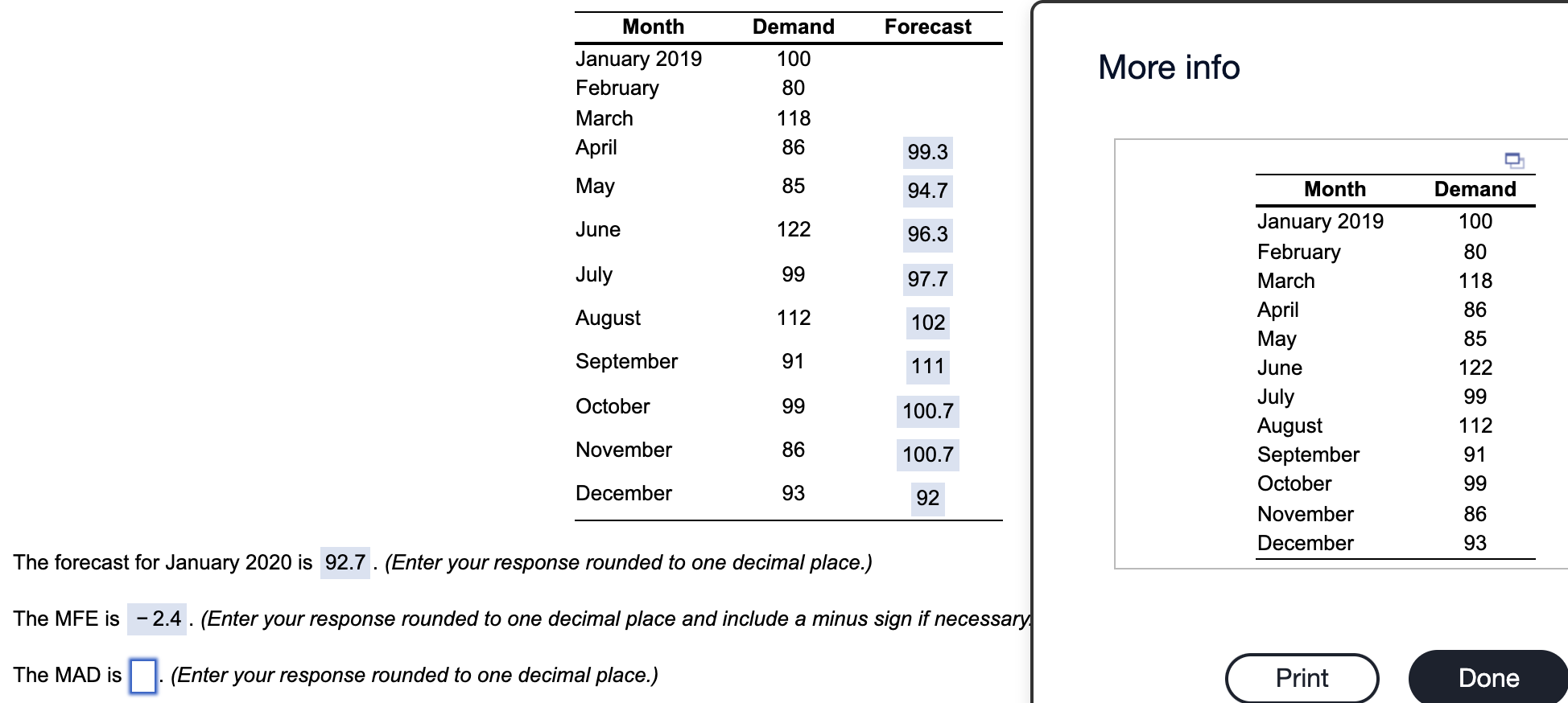 I need help with the MAD and the MAPE, which was