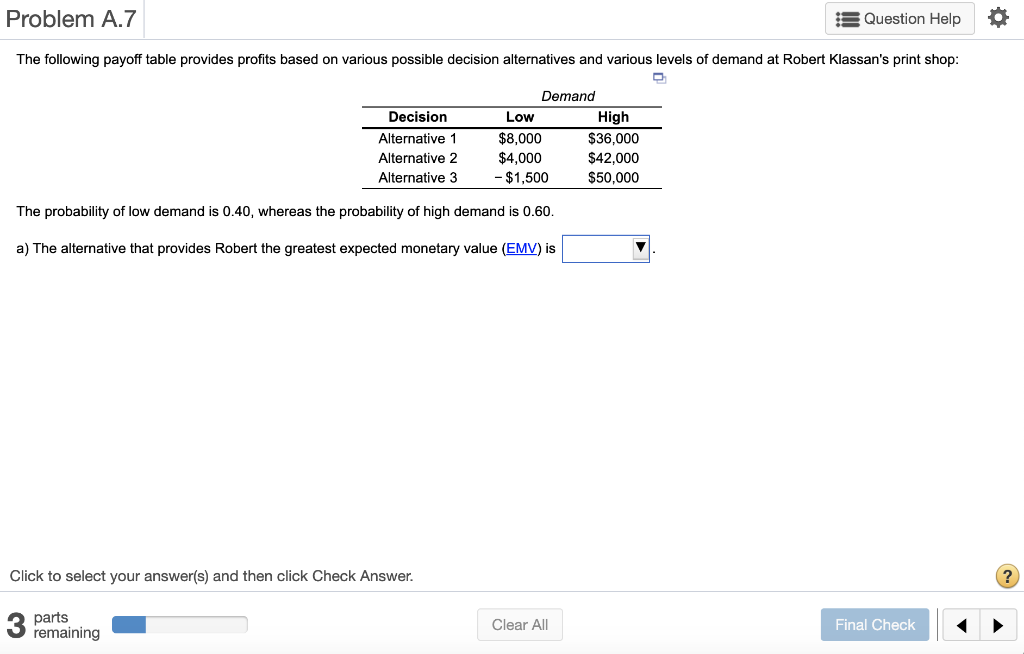 Expected value for an alternative can be