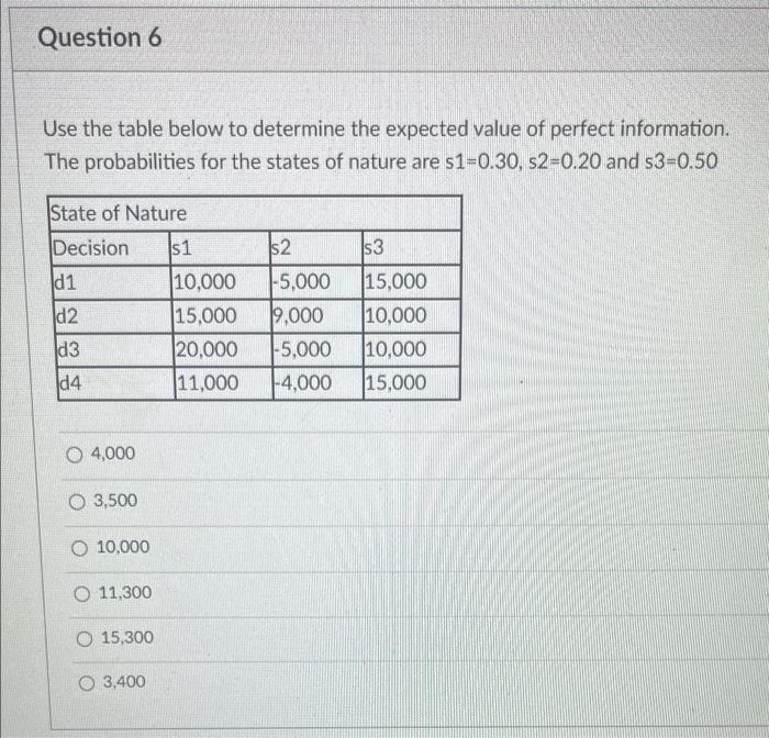 Question 6 Use the table below to determine the