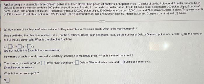 A poker company assembles three different poker