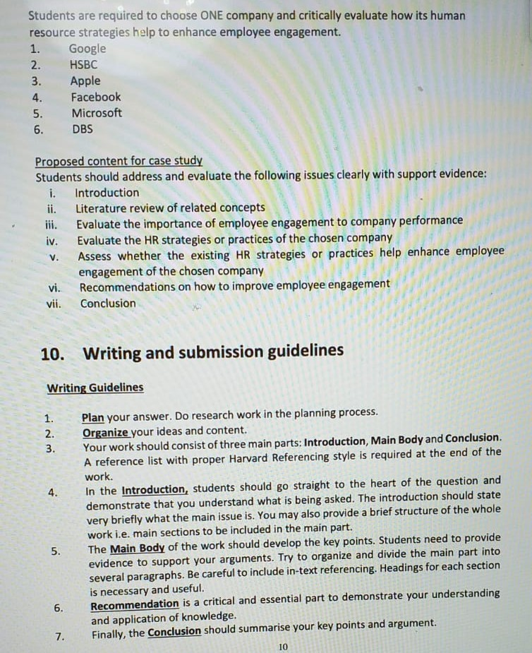 Students are required to choose ONE company and