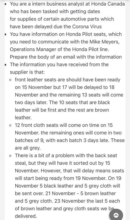 You are a intern business analyst at Honda Canada