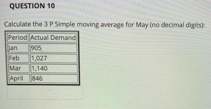 QUESTION 10 Calculate the 3 P Simple moving