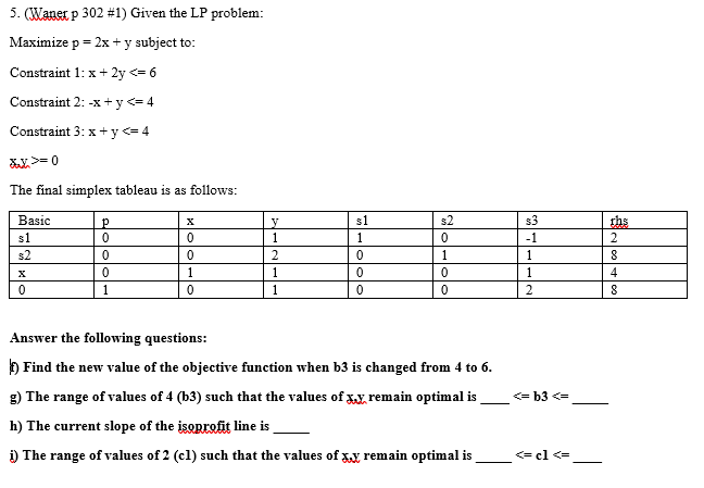 5. Waner p 302 #1) Given the LP problem: Maximize