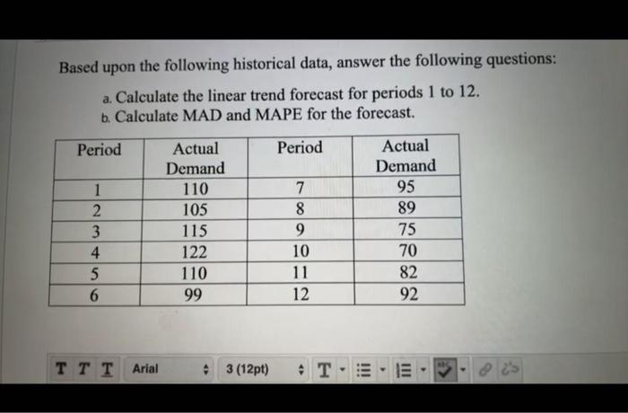Based upon the following historical data, answer