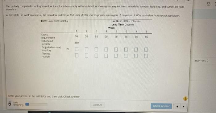 The partially completed inventory record for the