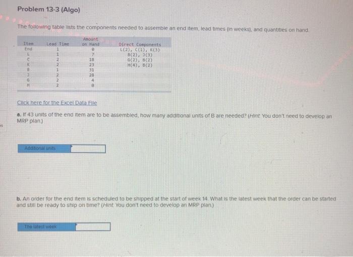 Problem 13-3 (Algo) The following table lists the