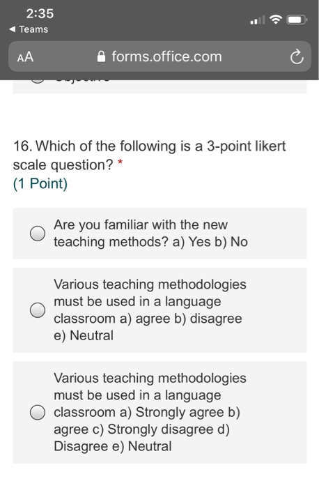 2:35 Teams AA forms.office.com 16. Which of the