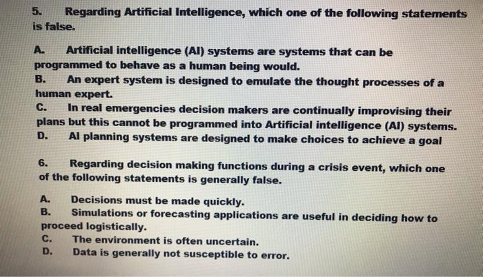 Multiple Choice? 5. Regarding Artificial