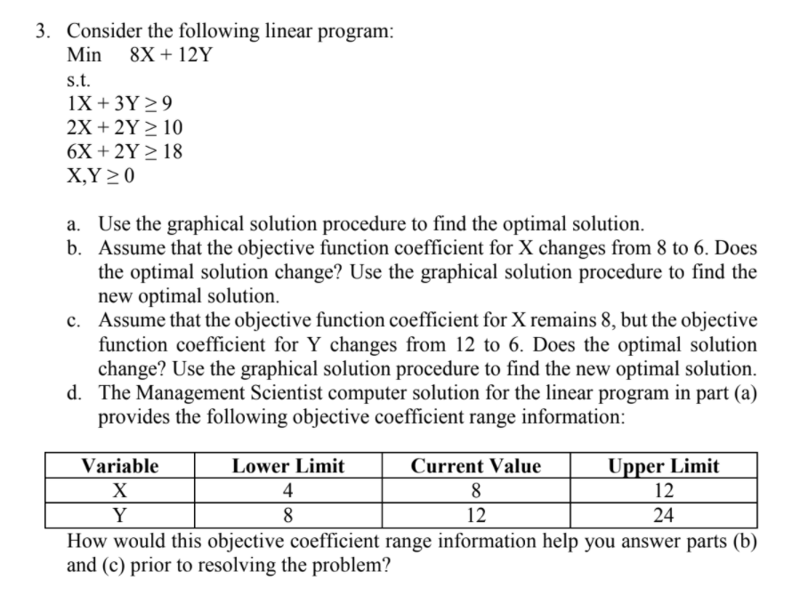 3. Consider the following linear program: Min 8X