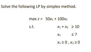 Solve the following LP by simplex method. max z =