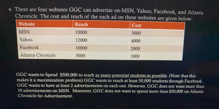 use excel please * There are four websites GGC