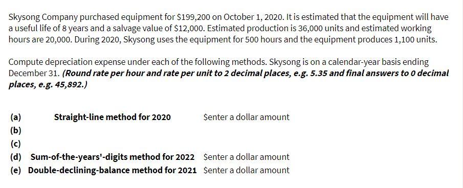 Skysong Company purchased equipment for $199,200