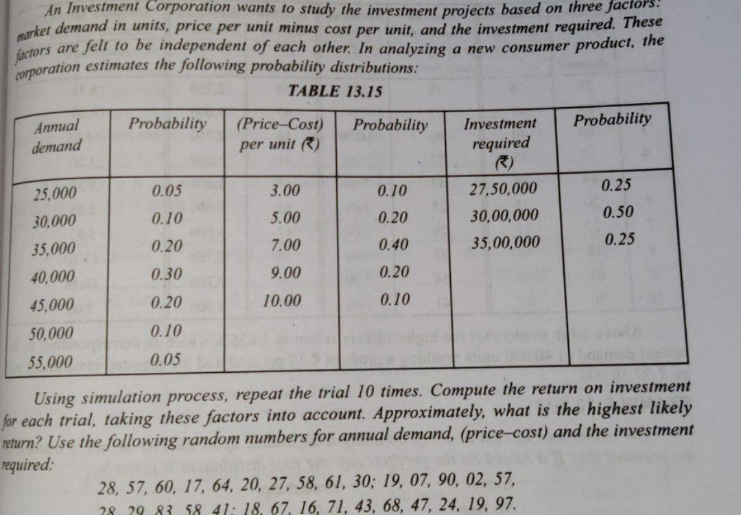 Simulation An Investment Corporation wants to