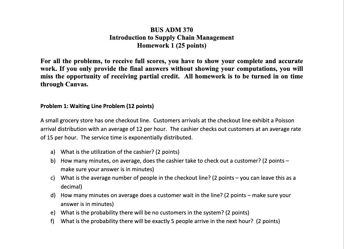 BUS ADM 370 Introduction to Supply Chain