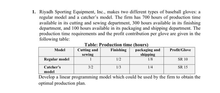1. Riyadh Sporting Equipment, Inc., makes two