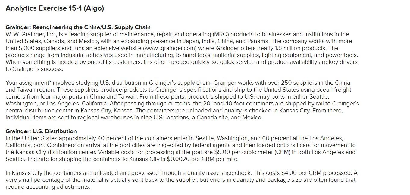 Analytics Exercise 15-1 (Algo) Grainger: