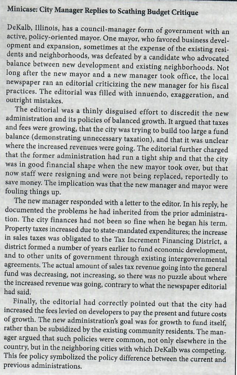 Minicase: City Manager Replies to Scathing Budget