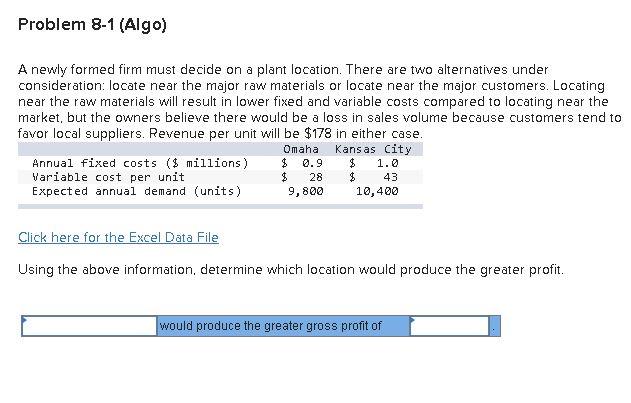 Problem 8-1 (Algo) A newly formed firm must