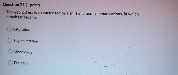 Question 21 (1 point) The web 2.0 era is