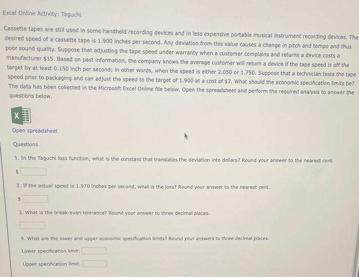 Excel Online Activity: Taguchl Cassette tapes are