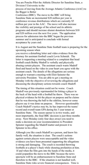 You are Poncho Pilot the Athletic Director for