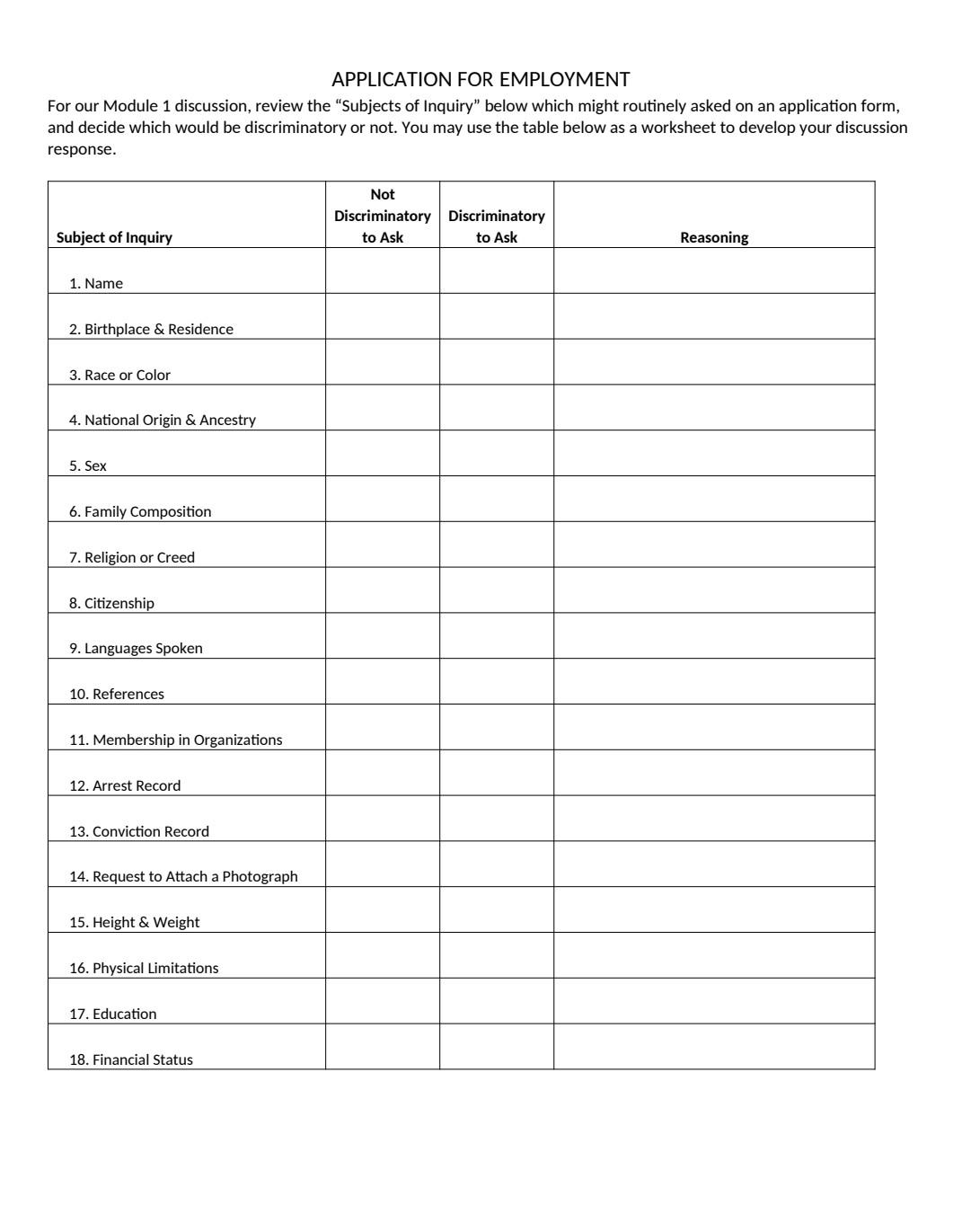 APPLICATION FOR EMPLOYMENT For our Module 1