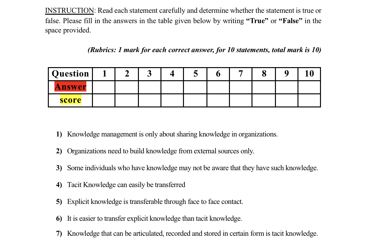 INSTRUCTION: Read each statement carefully and