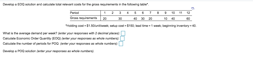Develop a EOQ solution and calculate total