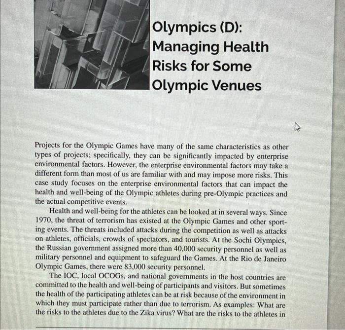answer from 2 to 8 Olympics (D): Managing Health