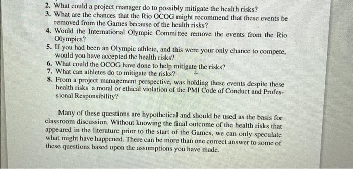 answer from 2 to 8 Olympics (D): Managing Health