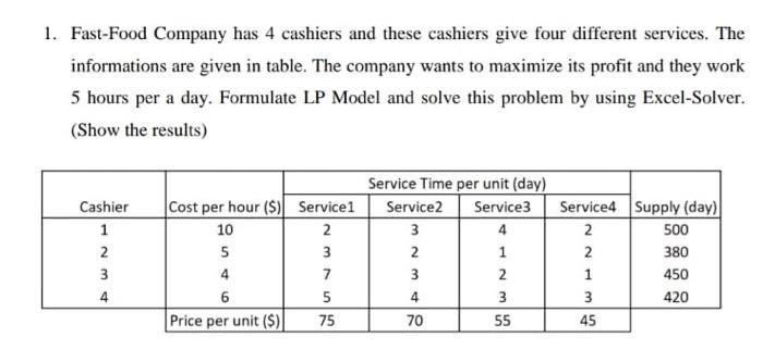 1. Fast-Food Company has 4 cashiers and these