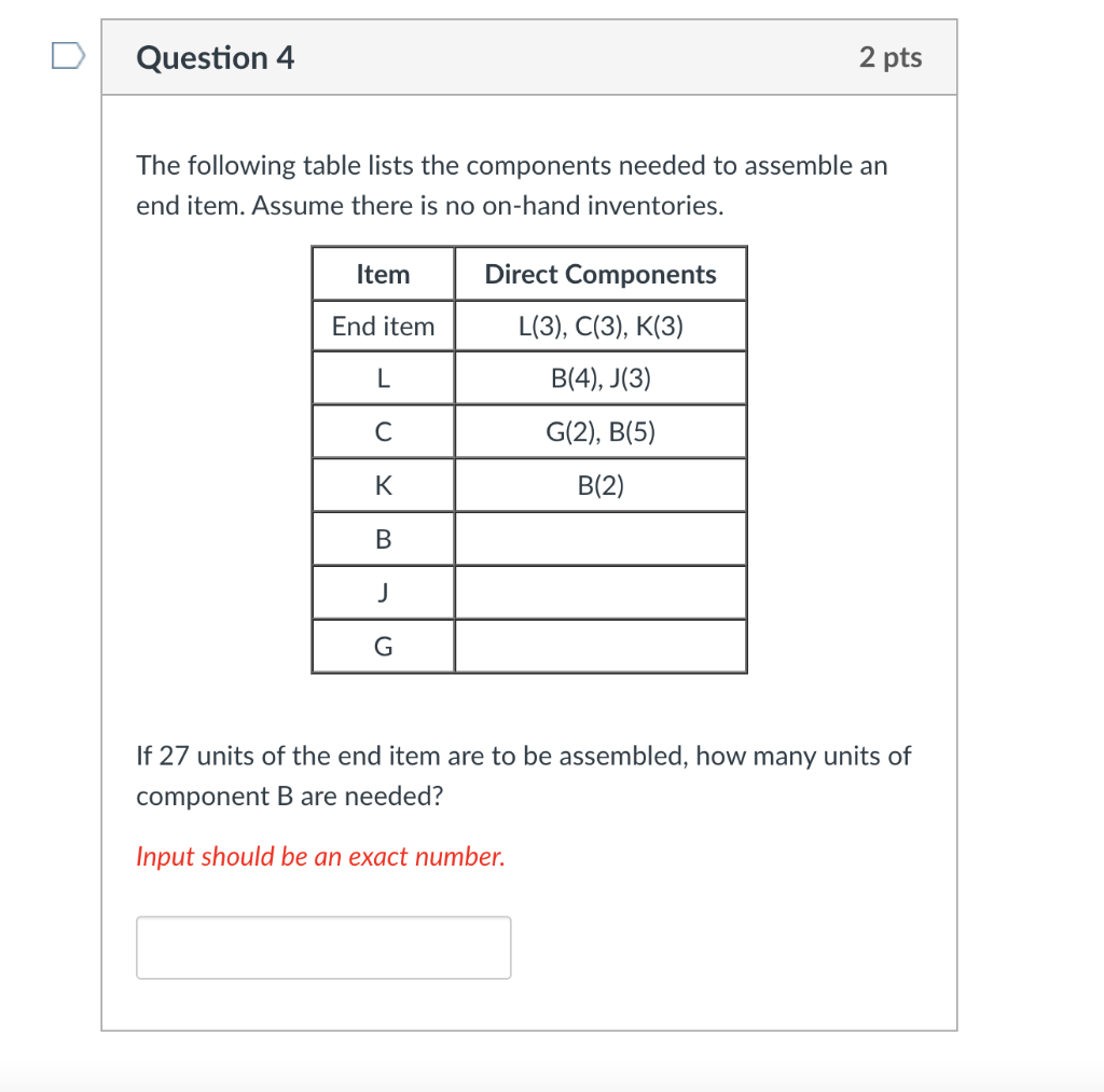 Question 4 2 pts The following table lists the