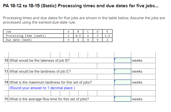 PA 18-12 to 18-15 (Static) Processing times and
