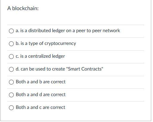 A blockchain: O a. is a distributed ledger on a