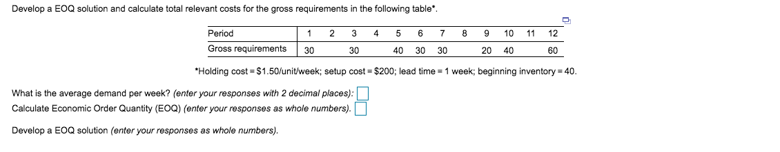 Develop a EOQ solution and calculate total