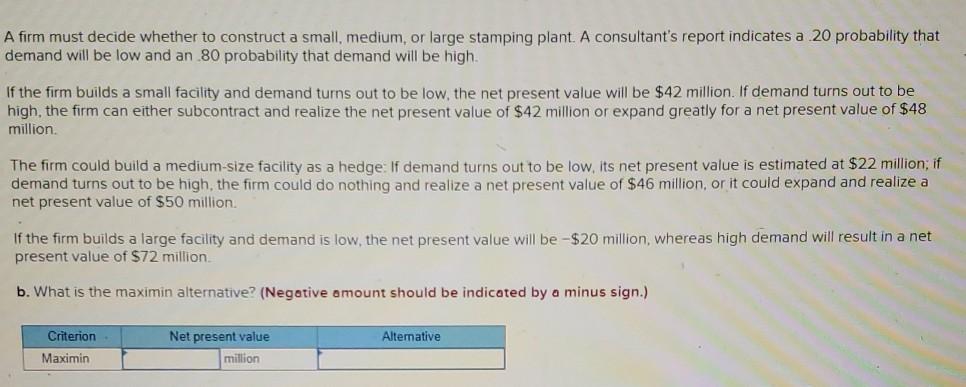 A firm must decide whether to construct a small,