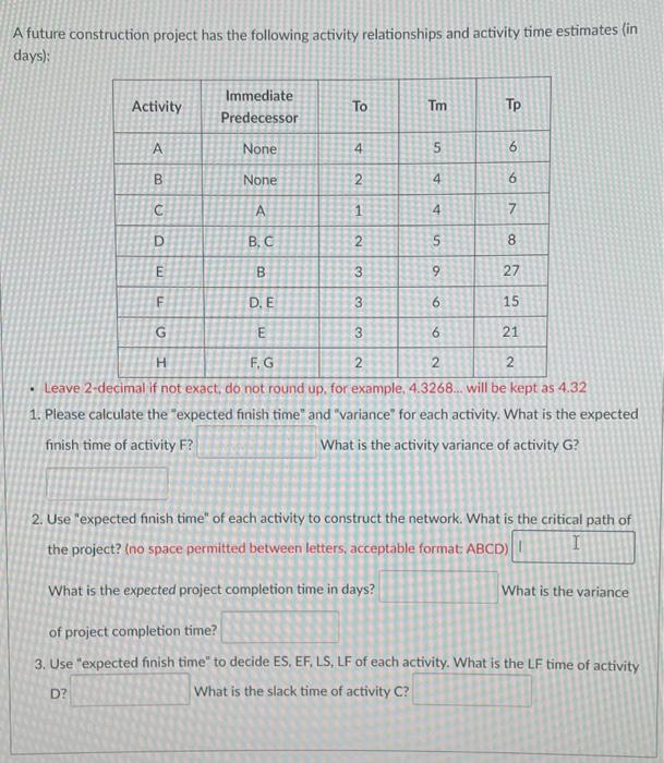 A future construction project has the following