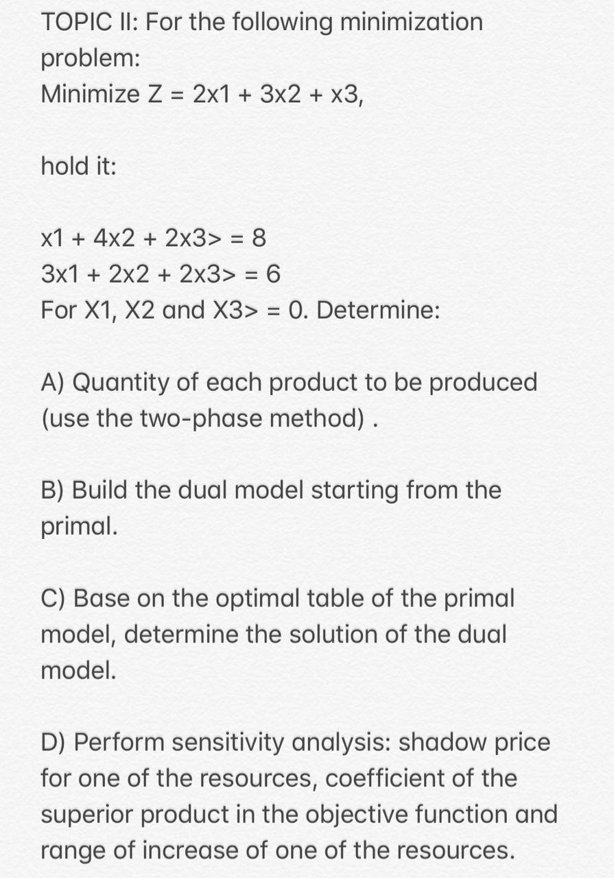 TOPIC II: For the following minimization problem: