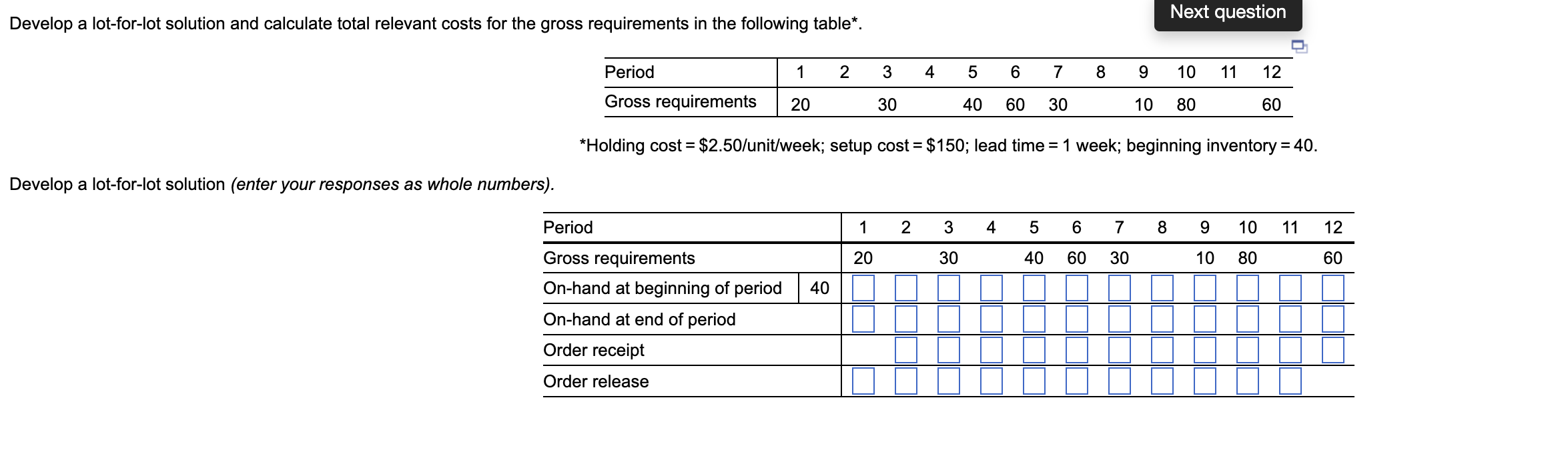 Next question Develop a lot-for-lot solution and