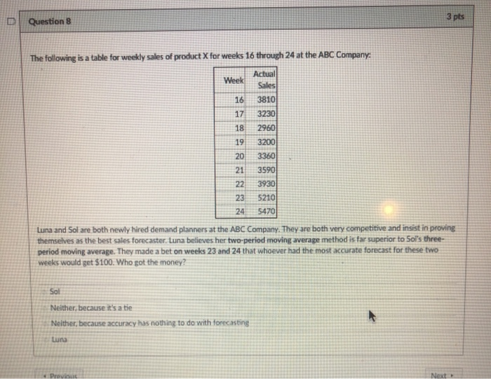 Question 8 3 pts The following is a table for