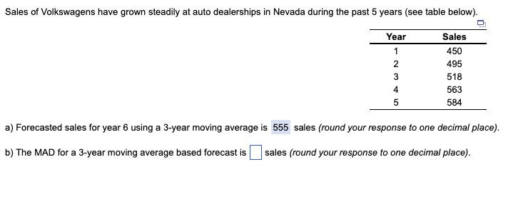 Forecasted sales for year 6 using a 3-year moving