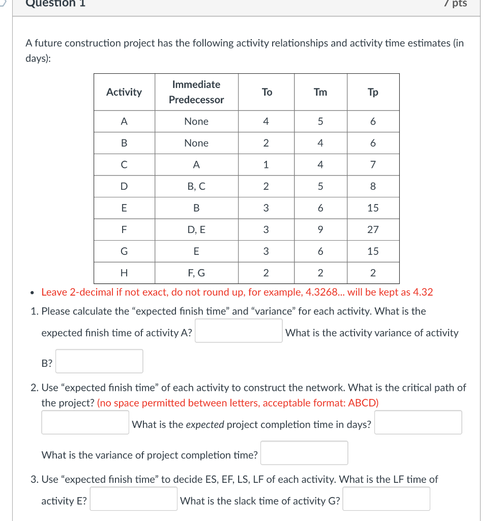 Question 1 1 pts A future construction project