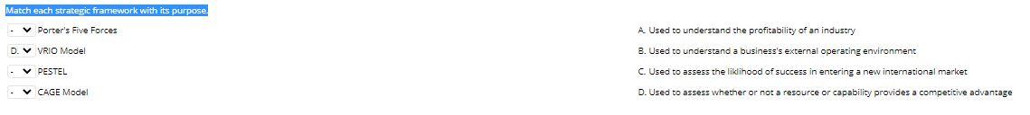 Match each strategic framework with its purpose V